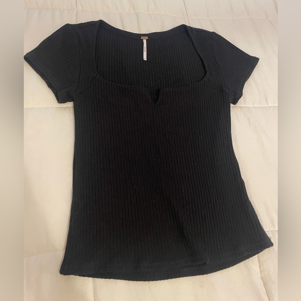 Free People Black Square Neck Ribbed Knit Top Size XS